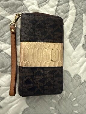 Michael Kors Brown and Gold Signature Wristlet